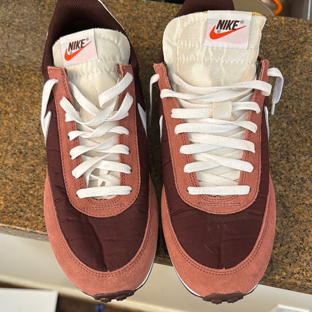 Nike Brown and White Sneakers with Retro Design